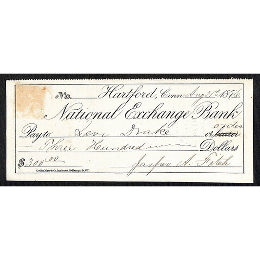 National Exchange Bank 1876 Hartford, CT $300 Bank Check