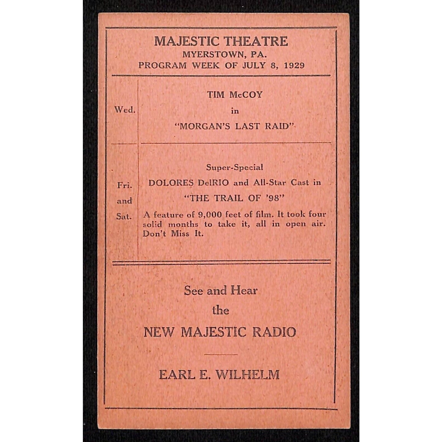 Majestic Theatre Myerstown PA 1929 "Morgan's Last Raid" Program Card (#1) Scarce