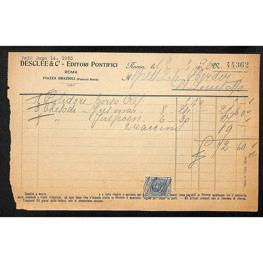 Desclée & Compagnie Rome Pontifical Publishers June 1923 Billhead Tax Stamp