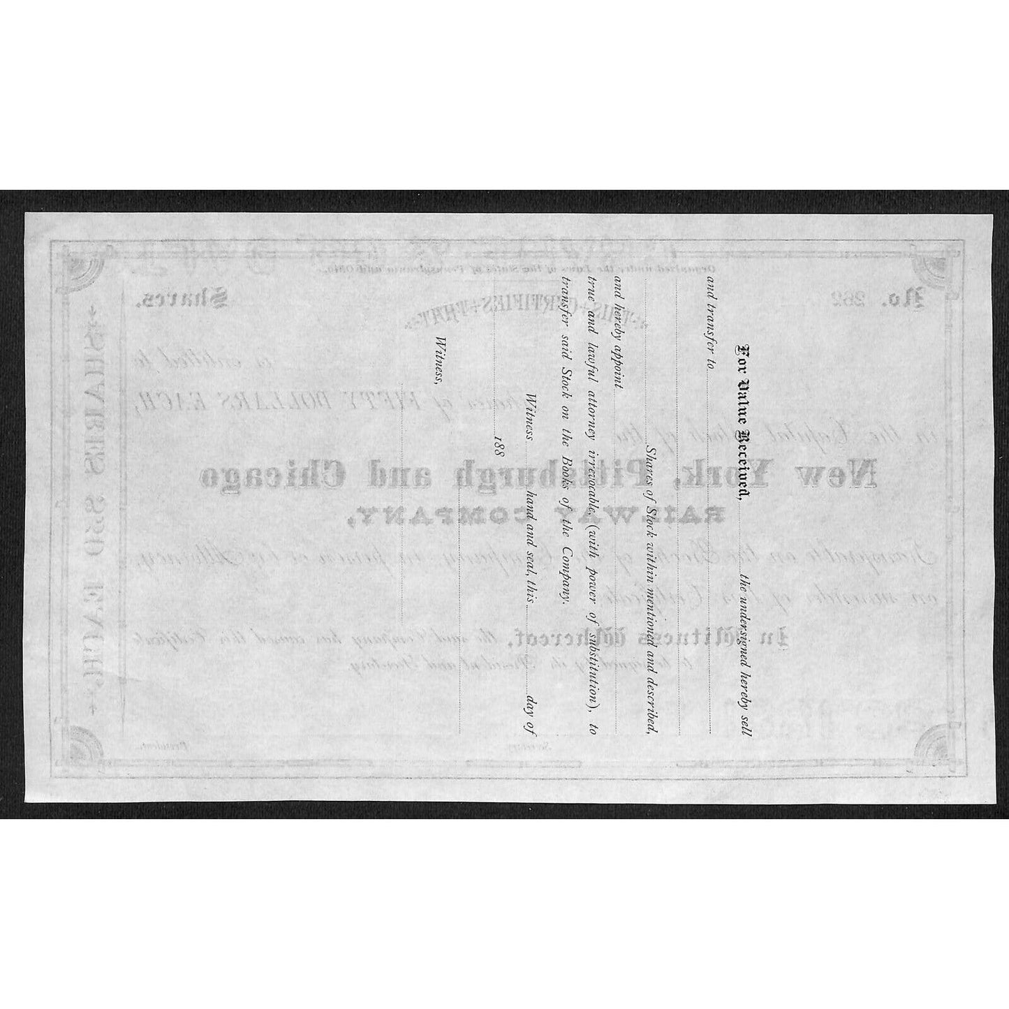 New York, Pittsburgh and Chicago Railway 188x Stock Certificate - Unissued VGC