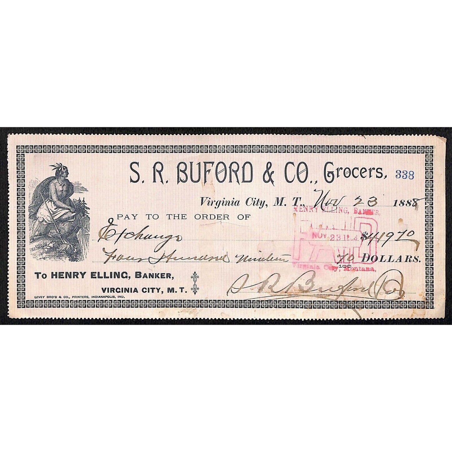 1888 Henry Elling Virginia City Montana Territory S.R. Buford Grocers Check #338