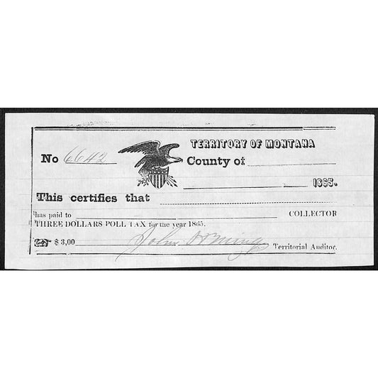 1865 Territory of Montana $3 Poll Tax Receipt #6642 VGC Scarce