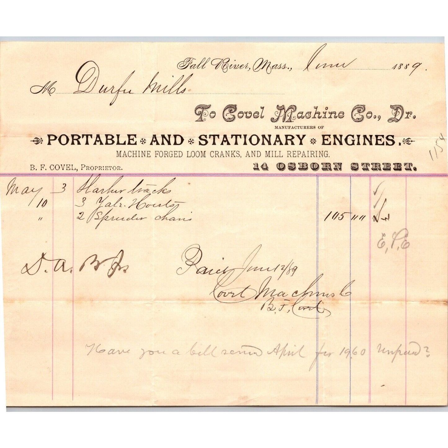 Covel Machine Co. Engines Fall River, MA 1889 Billhead VGC Durfee Mills Scarce