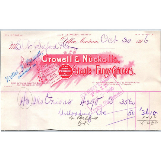 Dillon, MT Crowell & Nuckolls 1896 Grocers Billhead - S.R. Buford* Virginia City