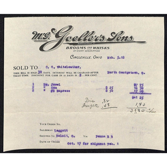 M.G. Goeller's Sons Brooms Circleville, OH Brooms 1918 Billhead Whiteleather*