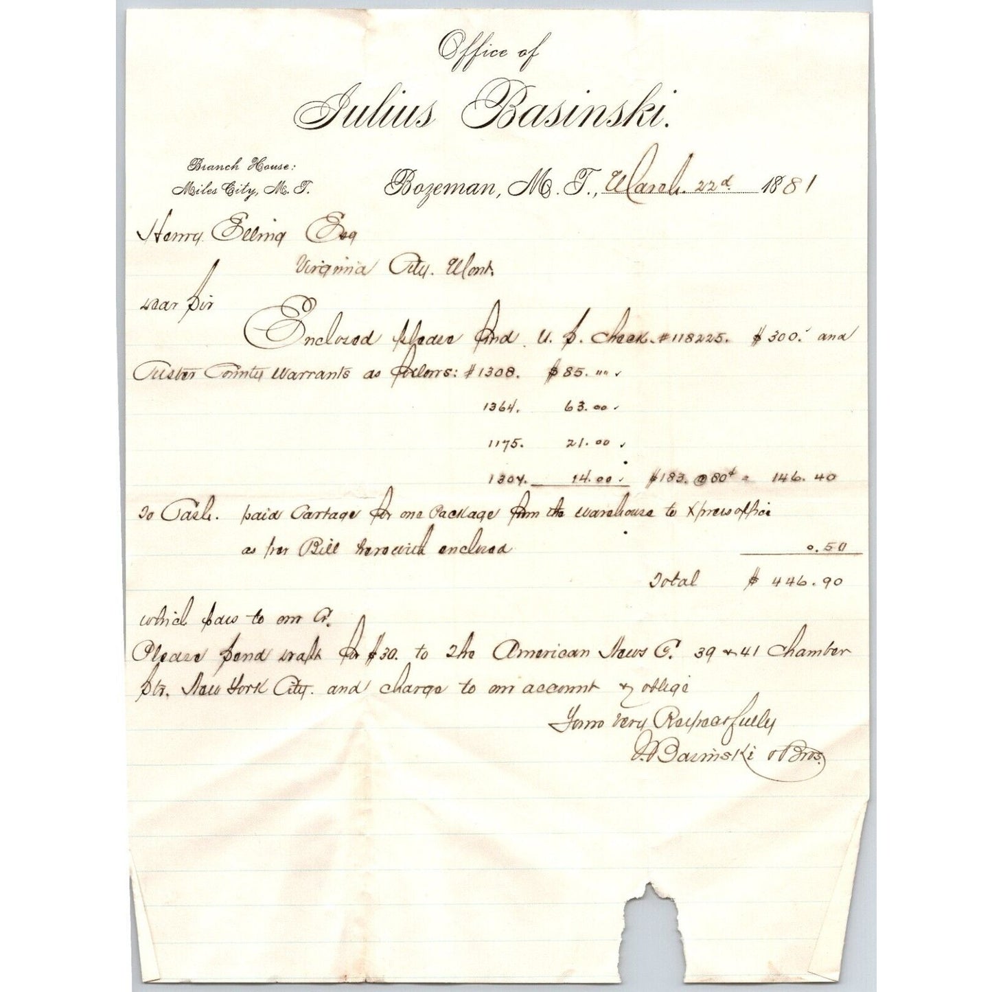 Julius Basinski (Stationers) Bozeman, MT 3/22 1881 ALS Letterhead Henry Elling*