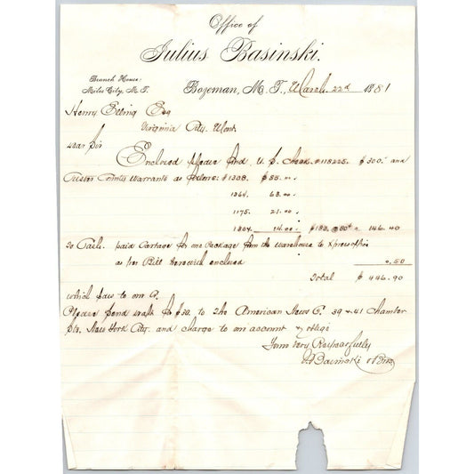 Julius Basinski (Stationers) Bozeman, MT 3/22 1881 ALS Letterhead Henry Elling*