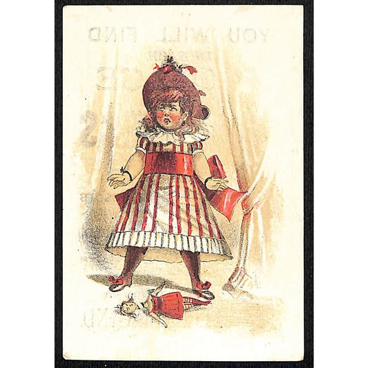 Faultless Starch Victorian Trade Card Unhappy Girl w/ Doll on the Floor