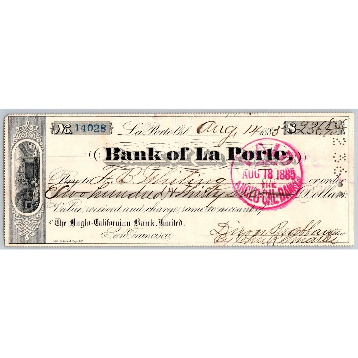 Bank of La Porte Check F.B. Whiting* (Express) 1883 Mining Vignette #14028