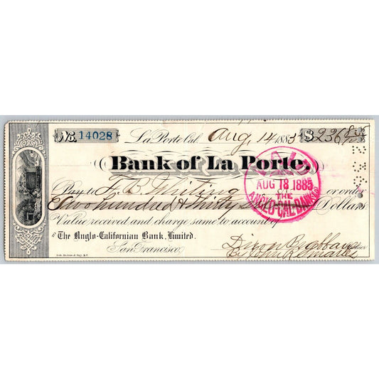 Bank of La Porte Check F.B. Whiting* (Express) 1883 Mining Vignette #14028