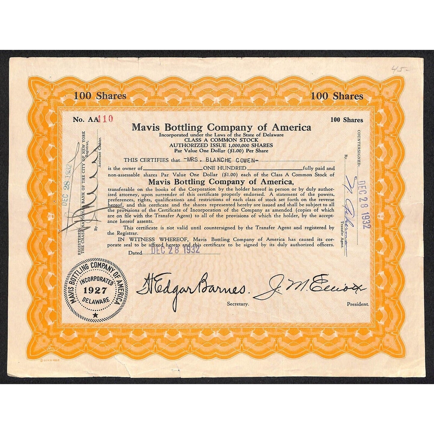 Mavis Bottling Co. of America - Pepsi* 1932 Stock Certificate Mrs. Blanche Cowen