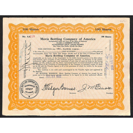 Mavis Bottling Co. of America - Pepsi* 1932 Stock Certificate Mrs. Blanche Cowen