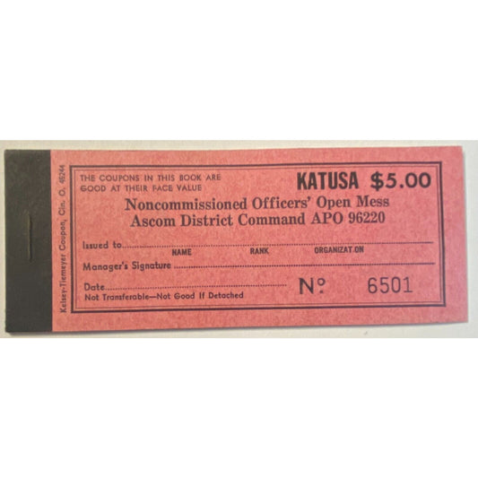 Katusa, Korea NCO Open Mess Partial $5.00 Coupon Booklet c1970 VGC Scarce