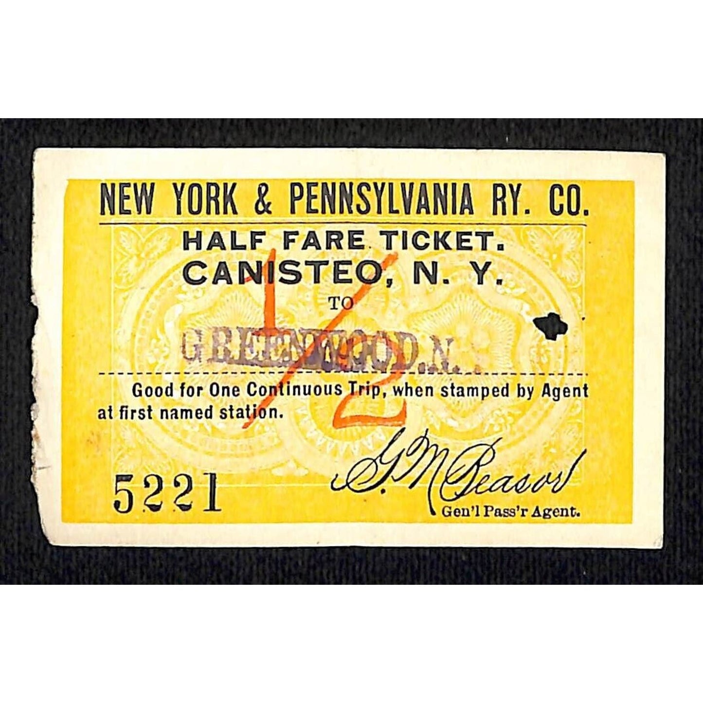 New York & Pennsylvania Railroad RY July 6 1917 Greenwood Ticket #5221