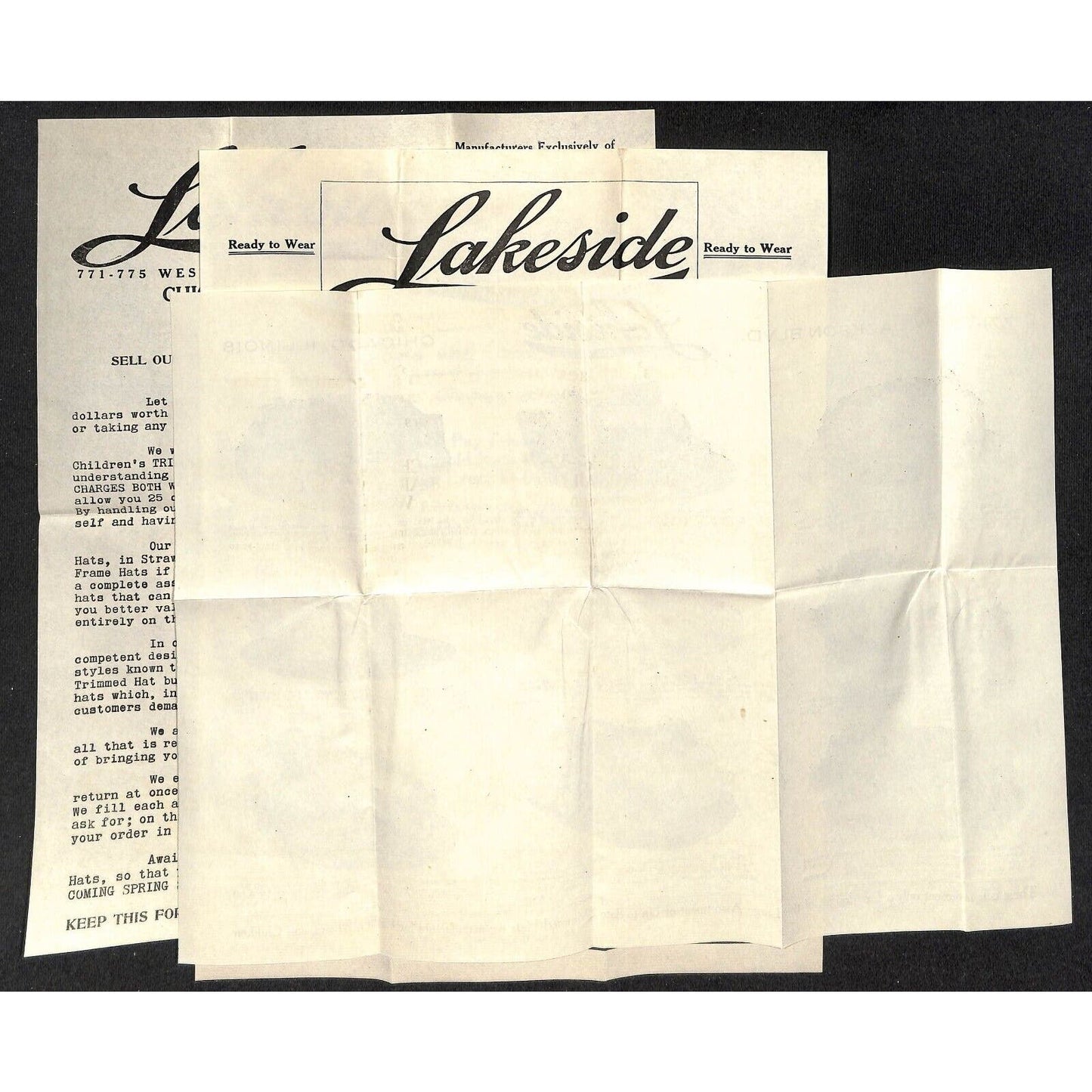 Chicago Lakeside Trimmed Hat Co. 1910 Product Sheet & Return Cover Knowlton*