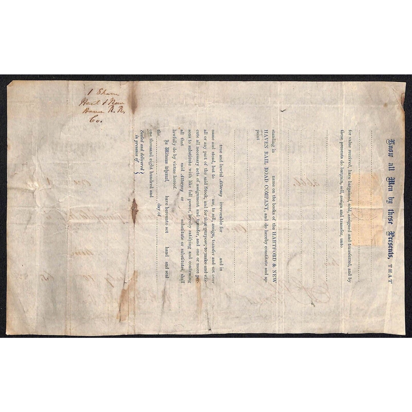 Hartford and New Haven RR 1865 Stock Certificate to: "Josiah Hooker" Springfield
