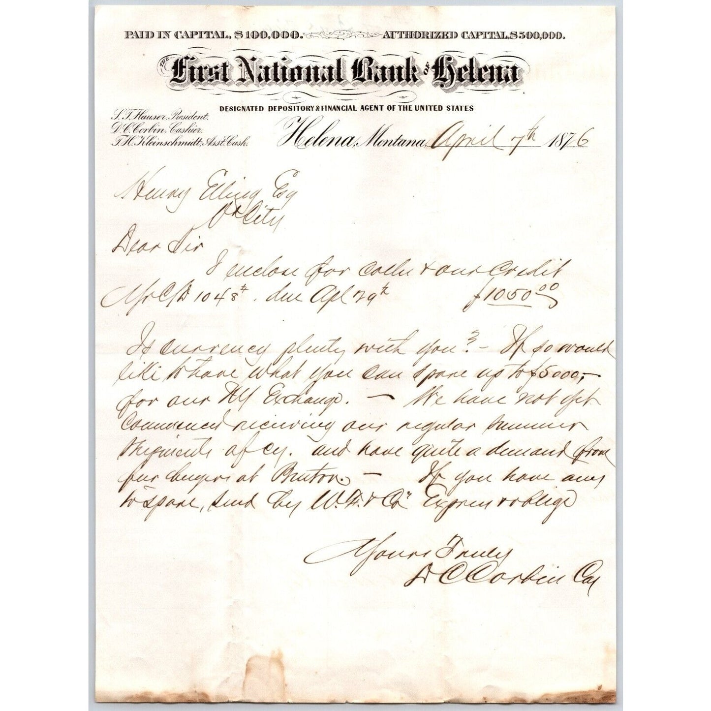 First National Bank of Helena 1876 ALS Letterhead - Henry Elling* Virginia City