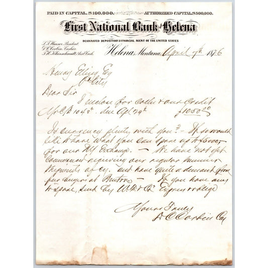 First National Bank of Helena 1876 ALS Letterhead - Henry Elling* Virginia City
