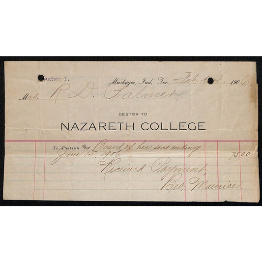 1906 Nazareth College Muskogee OK Indian Territory Tuition Billhead