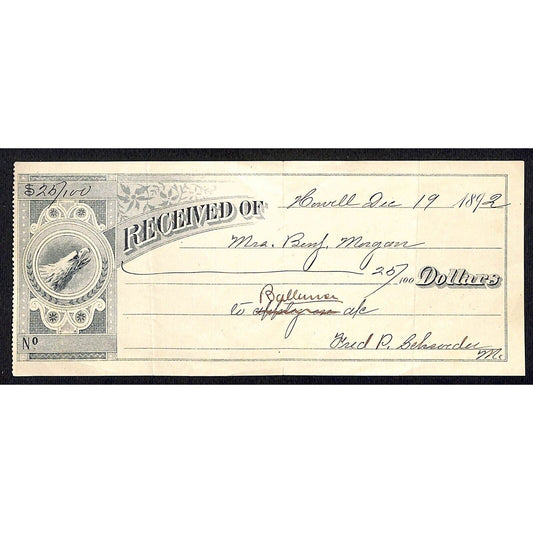 Mrs. Benjamin Morgan / Fred P. Schrucder ? 1892 Receipt w/ Eagle Head Vignette