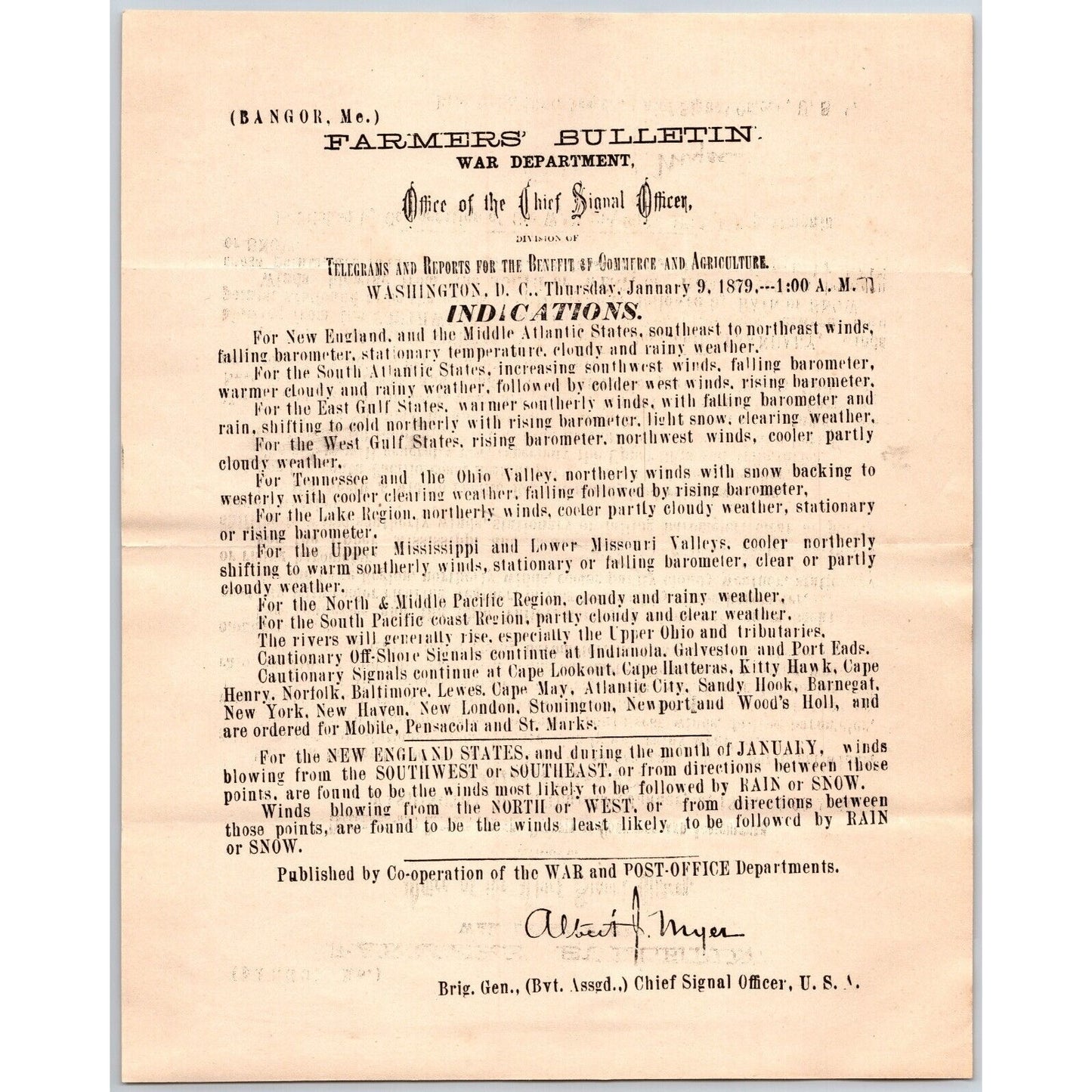 Bangor, ME Chief Signal Office, War Department Farmers' Bulletin - Jan. 9, 1879