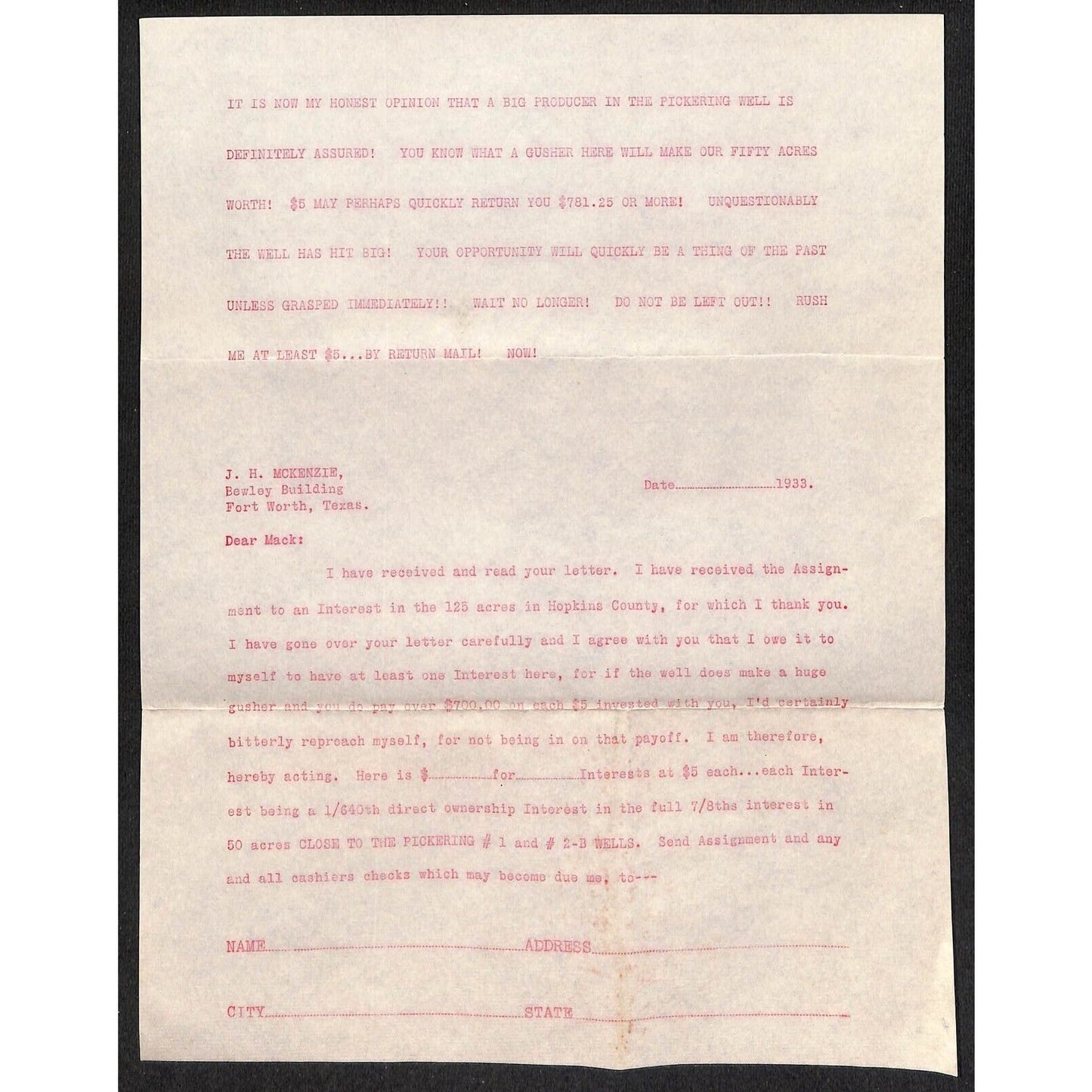 J.H. McKenzie Fort Worth 1933 Oil Lease & Royalties Lengthy Promotion Letter 4pp