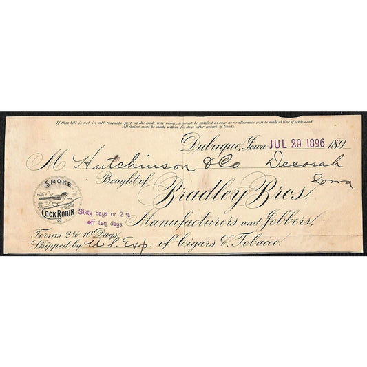 Bradley Brothers Cigars Dubuque, IA HJ Hutchinson Decorah IA* Cut 1896 Billhead