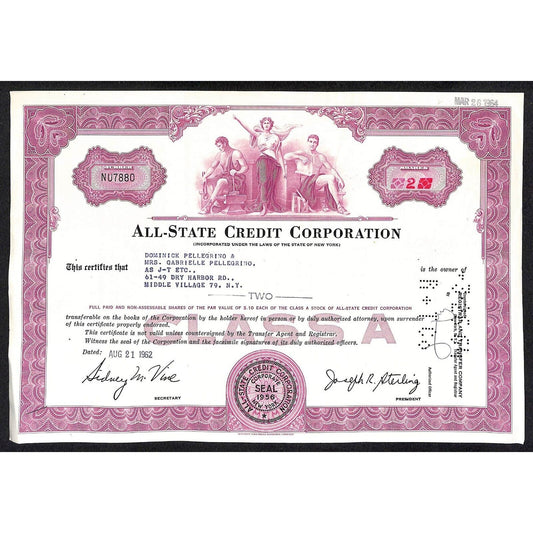 All State Credit Corporation NY 1962 Stock Certificate Dominick Pellegrino
