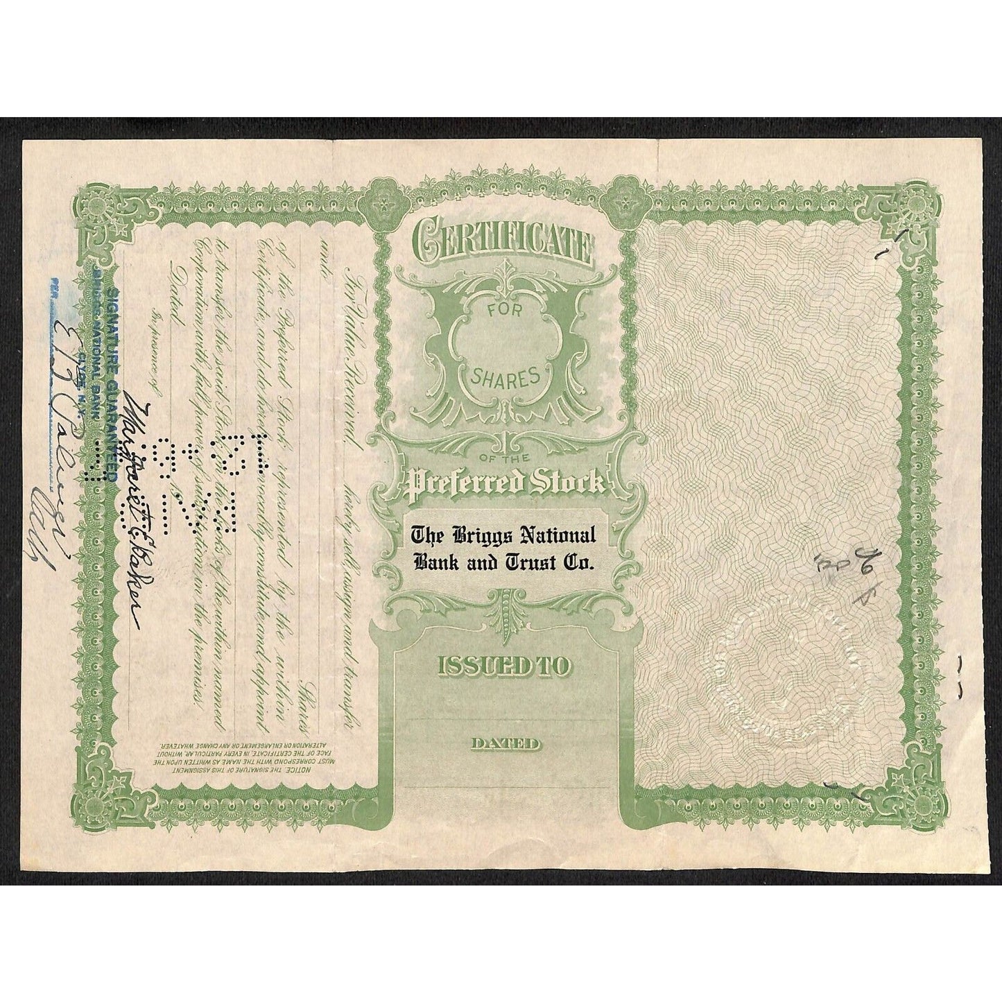 Briggs National Bank and Trust Clyde NY 1939 Stock Certificate Margaret E. Baker