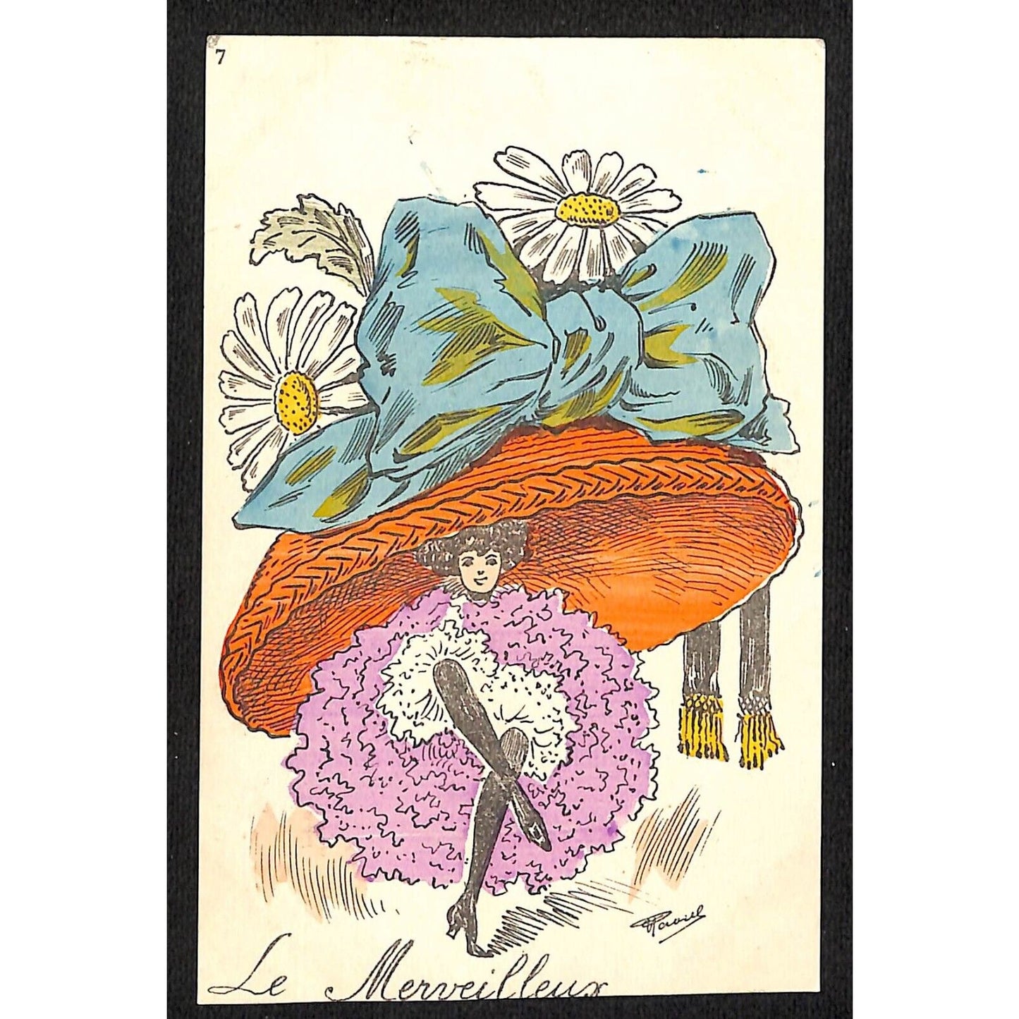 French Art Nouveau Postcard "Le Merveilleux" Giant Hat Can Can Dancer Signed ?