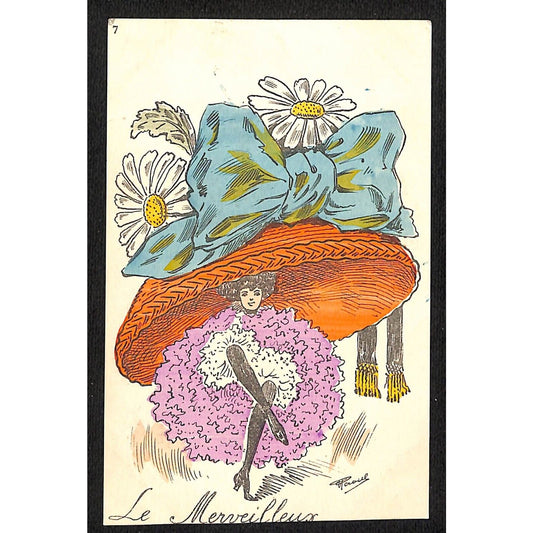 French Art Nouveau Postcard "Le Merveilleux" Giant Hat Can Can Dancer Signed ?