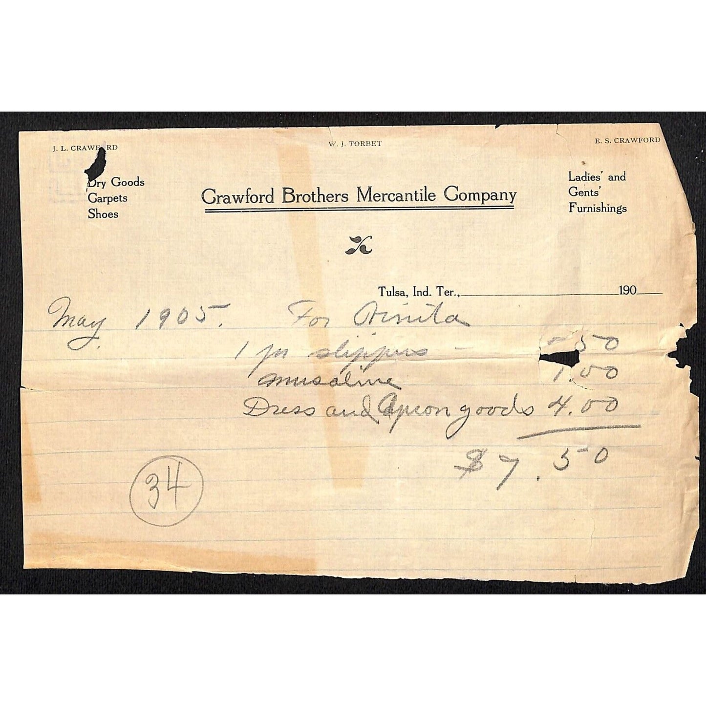 Crawford Brothers Mercantile Tulsa Indian Territory 1905 Billhead
