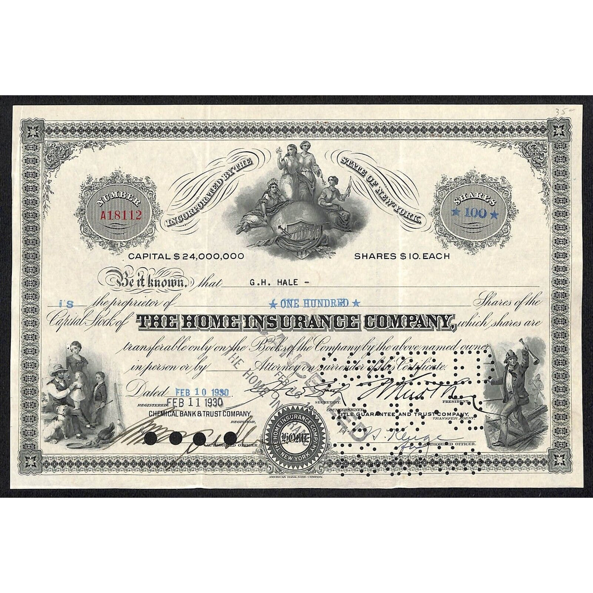 The Home Insurance Co. New York 1930 Stock Certificate G.H. Hale