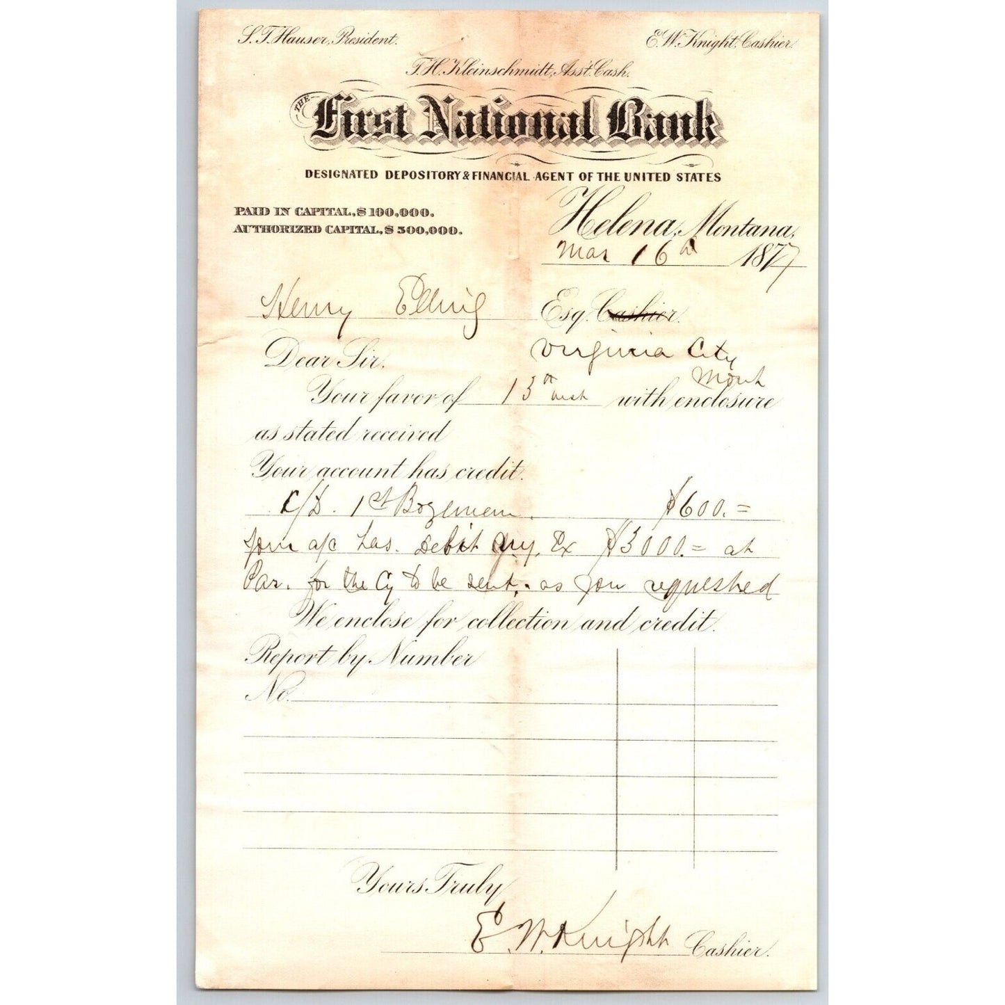 First National Bank Helena, MT 3/16 1877 Payment Advice Henry Elling*