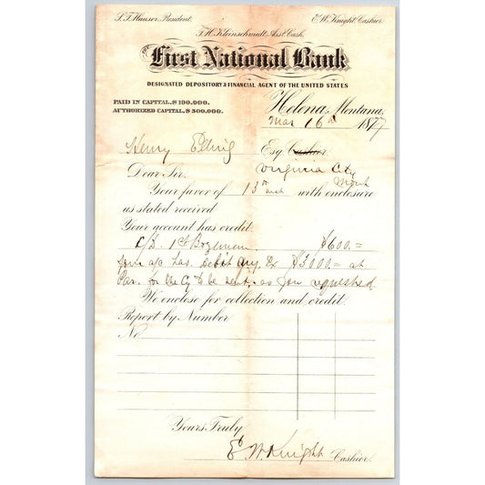 First National Bank Helena, MT 3/16 1877 Payment Advice Henry Elling*