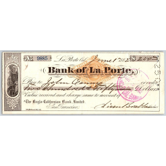Bank of La Porte Check John Canny 1882 Mining Vignette RN-G1 Rev Stamp #9885