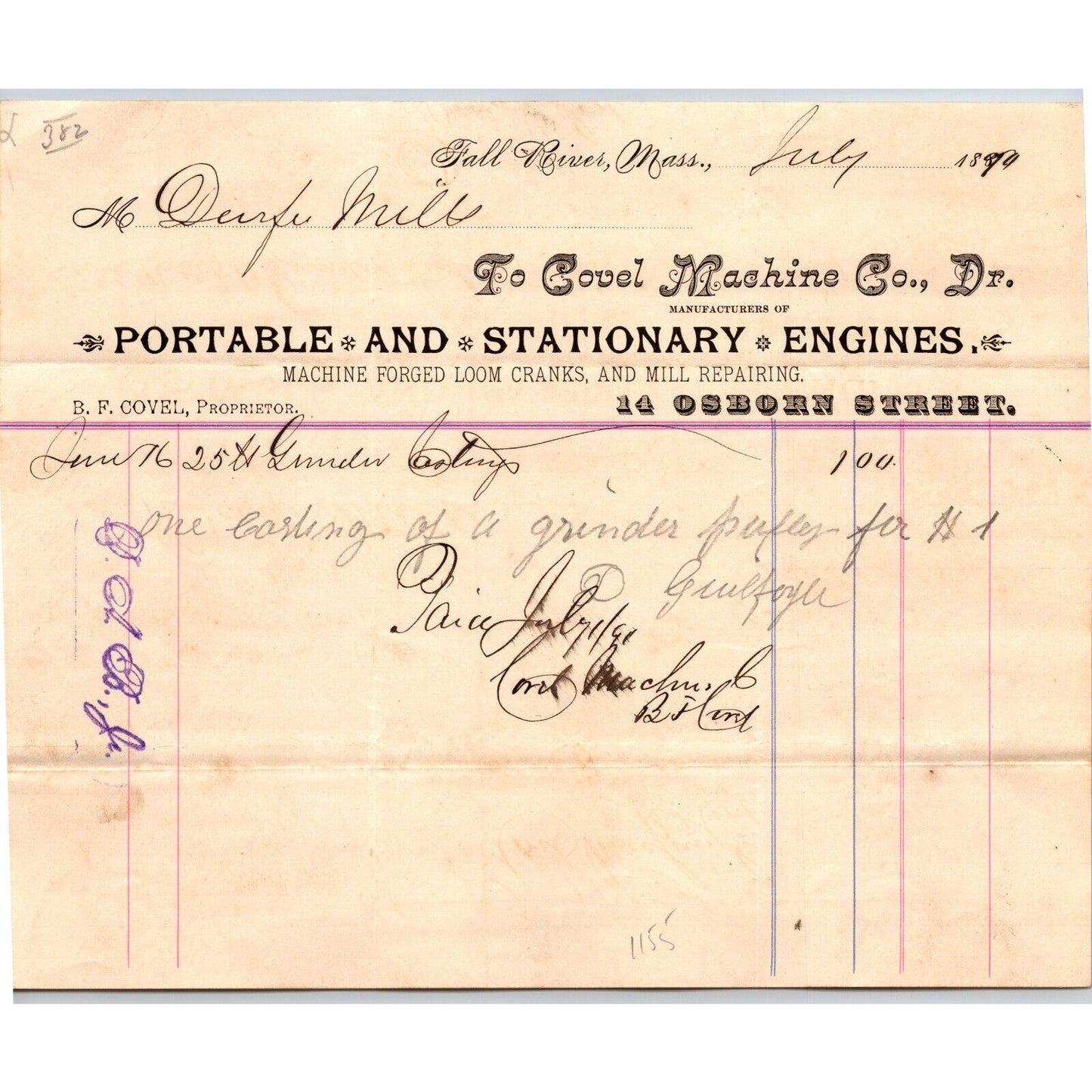 Covel Machine Co. Engines Fall River, MA 1890 Billhead VGC Durfee Mills Scarce