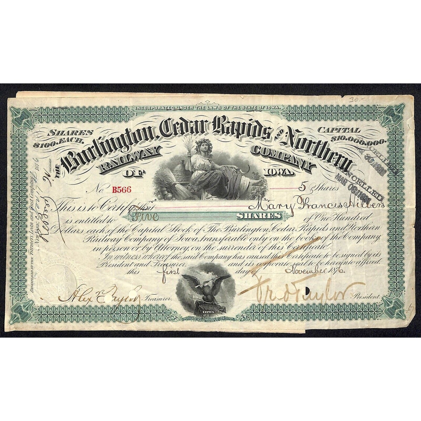 Burlington, Cedar Rapids and Northern Railway 1876 Stock Certificate & Estate*