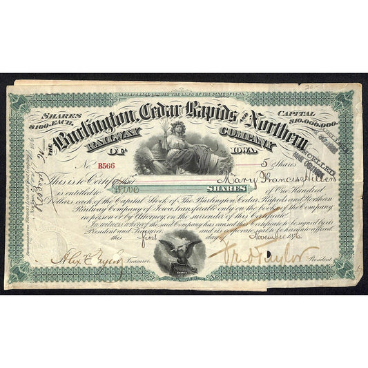 Burlington, Cedar Rapids and Northern Railway 1876 Stock Certificate & Estate*