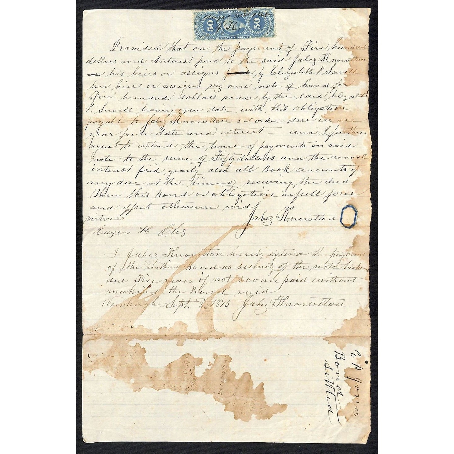 1865 Jabez Knowlton* Newburgh, ME Promissory Note w/ R54d Stamp