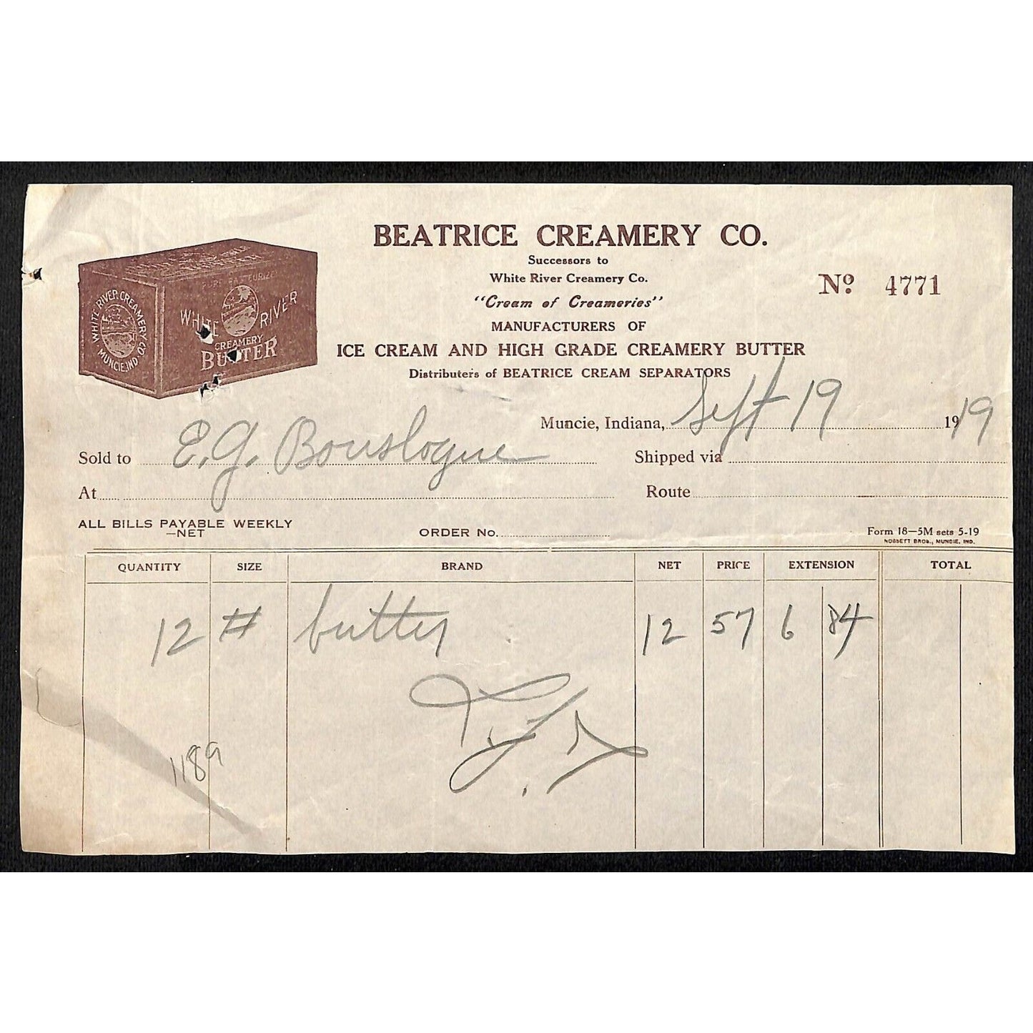Beatrice Creamery Muncie, IN 1919 Billhead White River Butter / Ice Cream