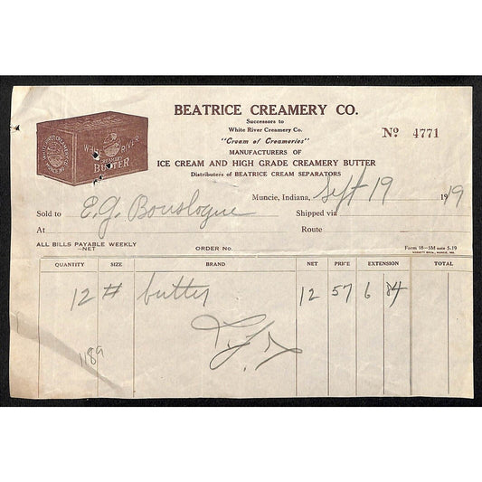 Beatrice Creamery Muncie, IN 1919 Billhead White River Butter / Ice Cream