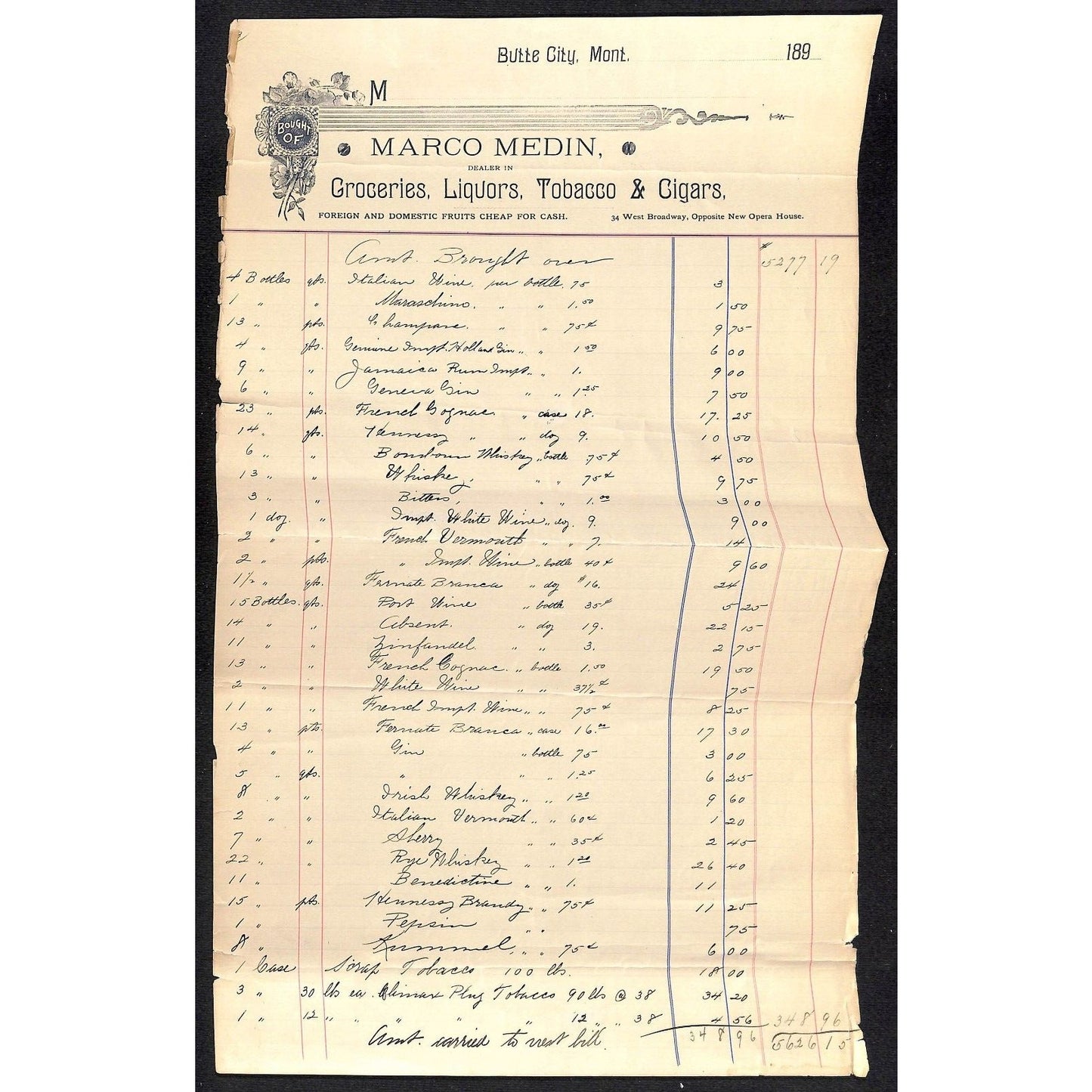 Marco Medin Butte City, MT Groceries Liquors Tobacco 189? 1890 3pp Billheads
