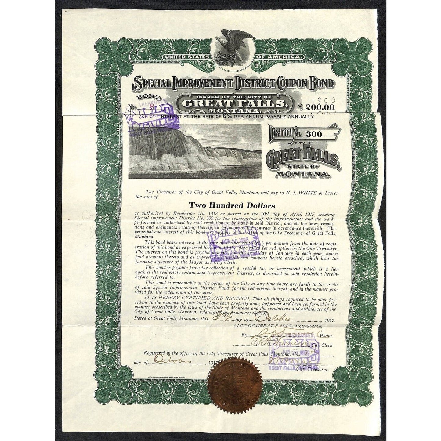 Great Falls Montana 1917 $200 Bond for Special Improvements VGC Waterfall Vig.