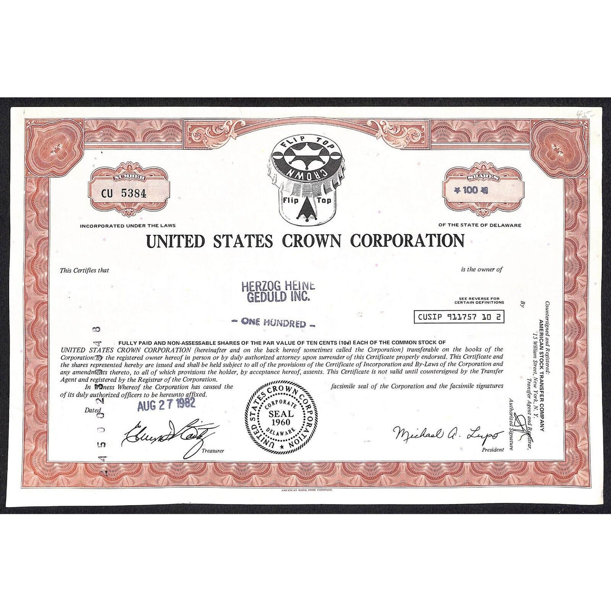 United States Crown Corp* NJ Soda "Crown Flip Top" 1982 Stock Certificate #5384