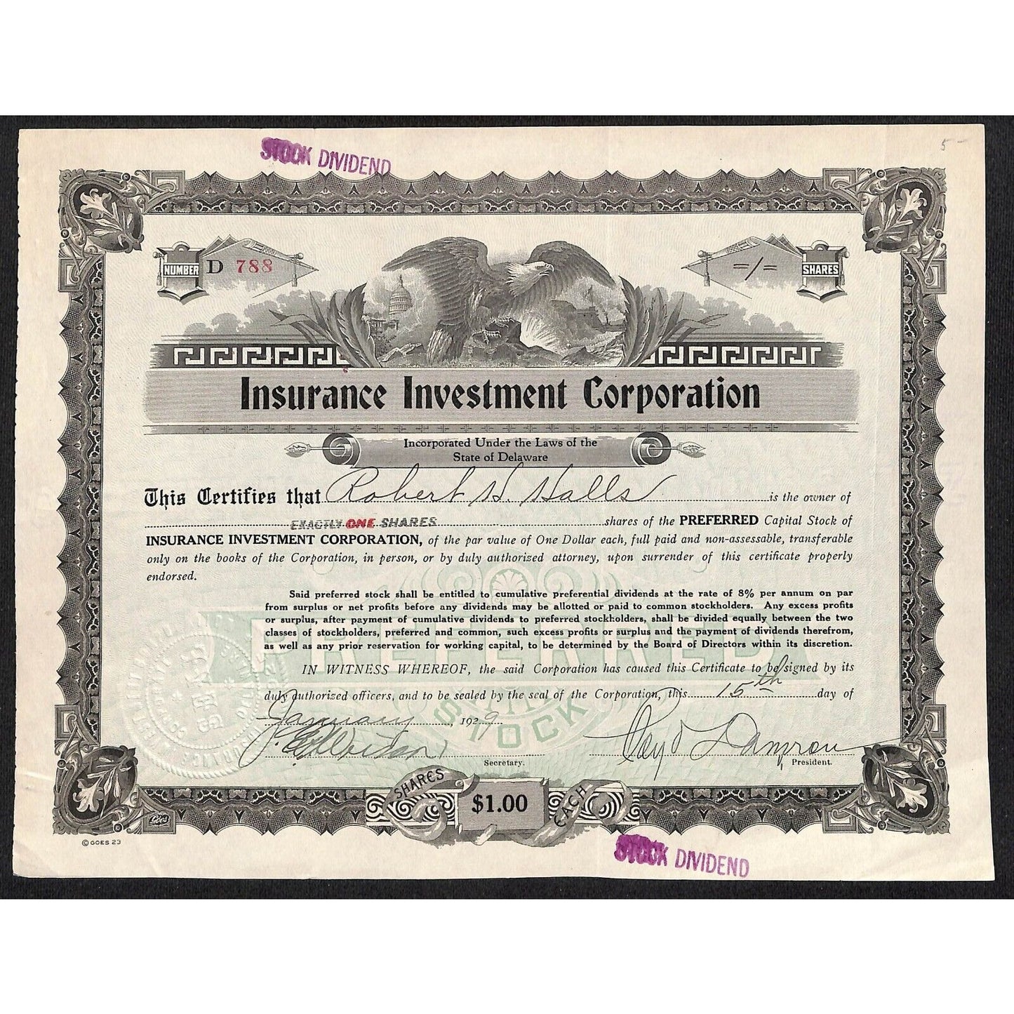 Insurance Investment Corporation 1929 Stock Certificate Robert Halls Scarce