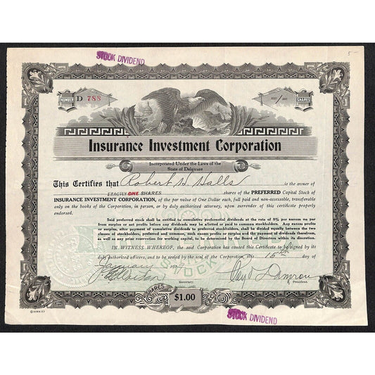 Insurance Investment Corporation 1929 Stock Certificate Robert Halls Scarce