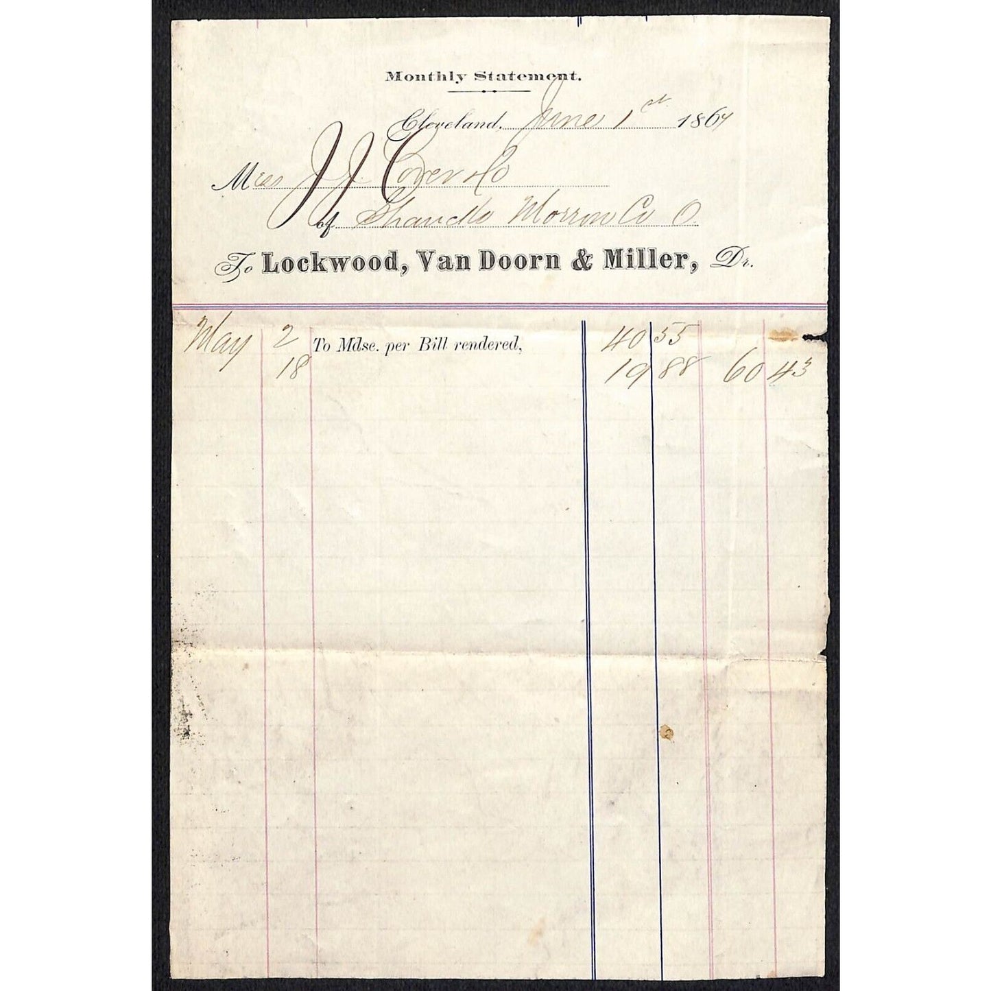 Lockwood, Van Doorn & Miller (Hardware) Cleveland 1867 Billhead Statement