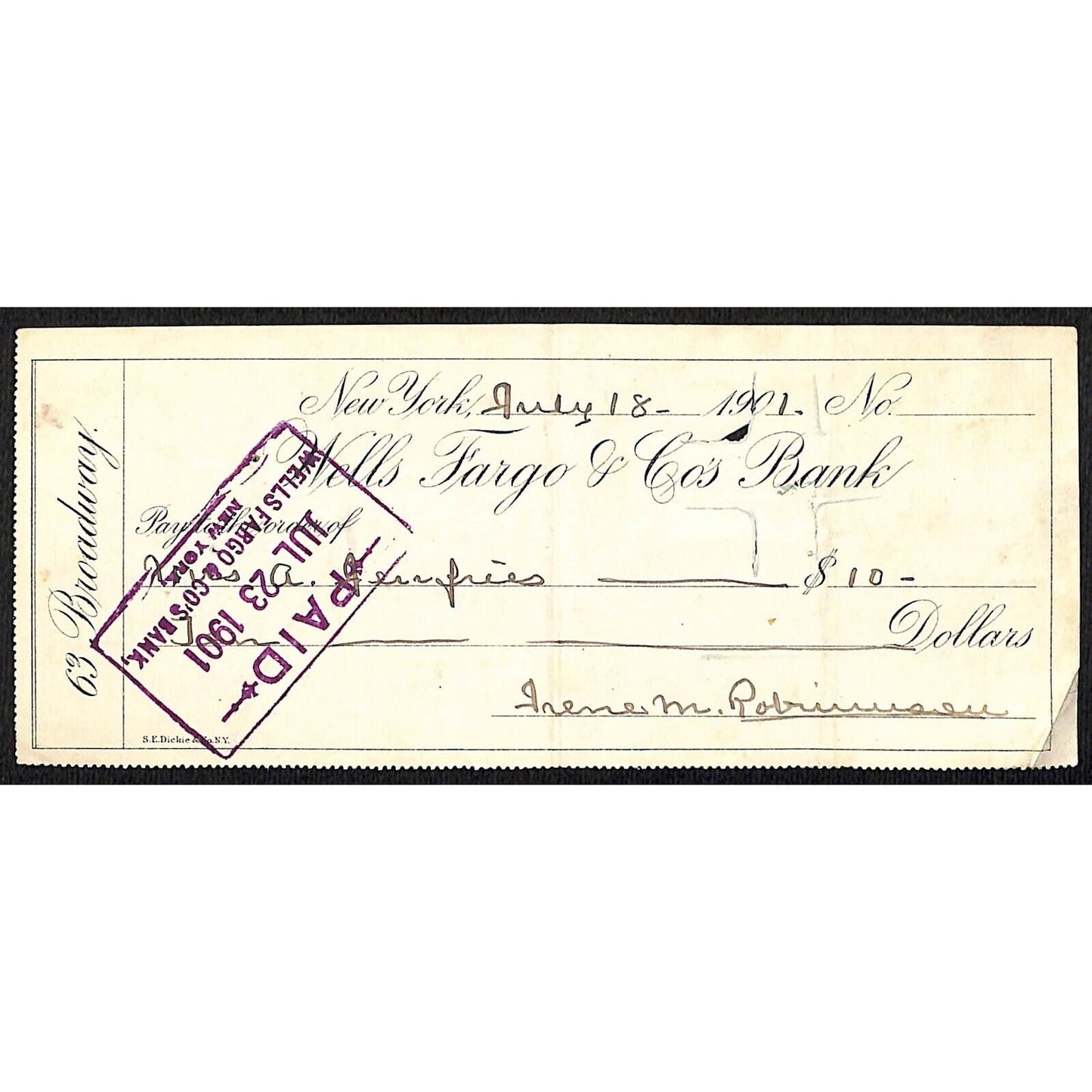 1901 Wells Fargo & Co Bank 63 Broadway NYC Check to A. Jefferies $10