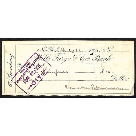 1901 Wells Fargo & Co Bank 63 Broadway NYC Check to A. Jefferies $10